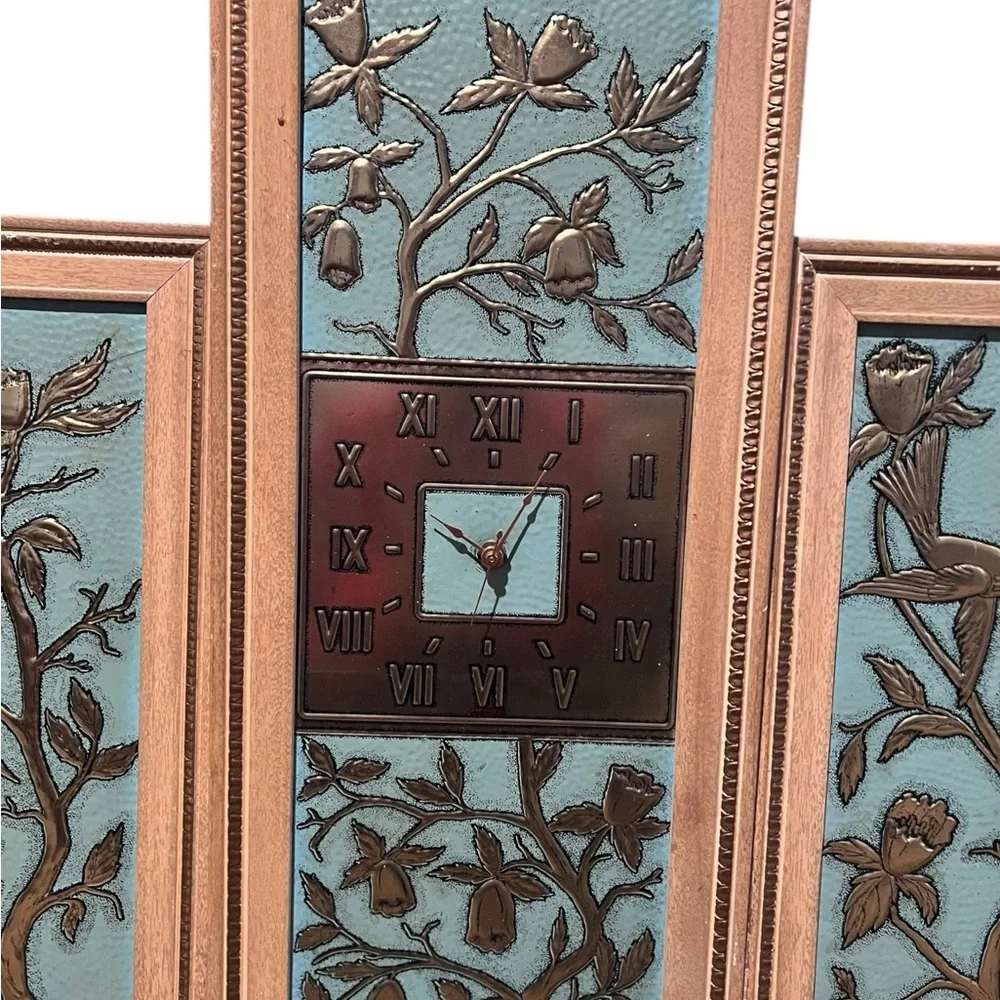 Veg Mid Century 3 Panel Teal/Green Wall Art Clock W/Hummingbirds & Tulips Quarts